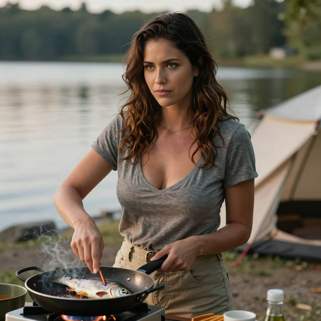 Stuffed trout searing in a pan over the camp stove