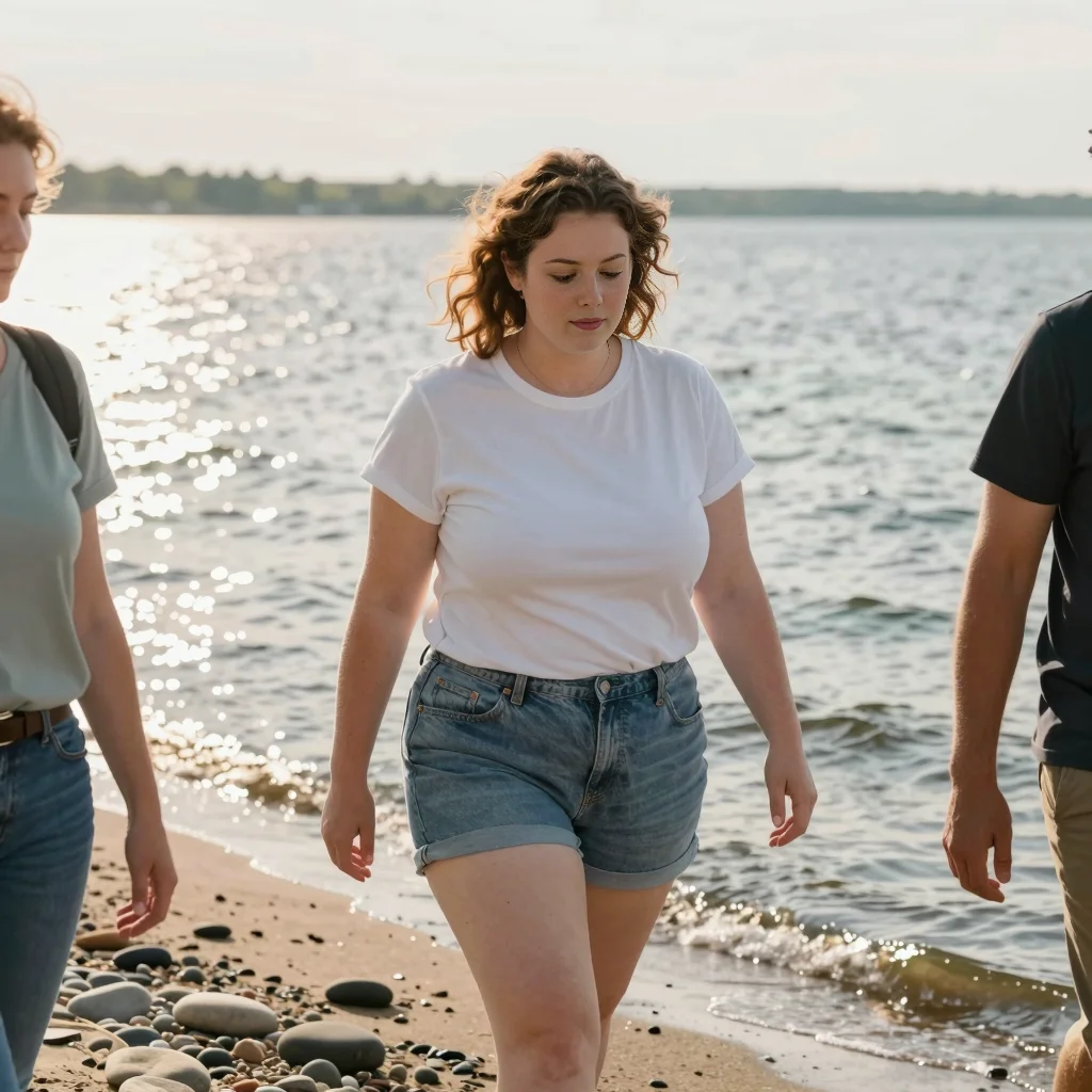 Casey and coworkers walking along the shore