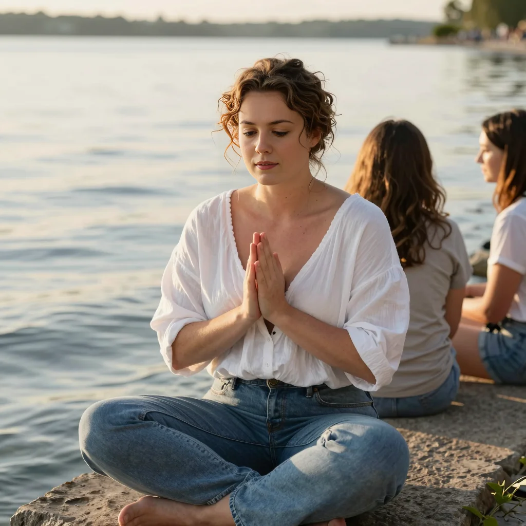 Casey sitting by the water in prayer