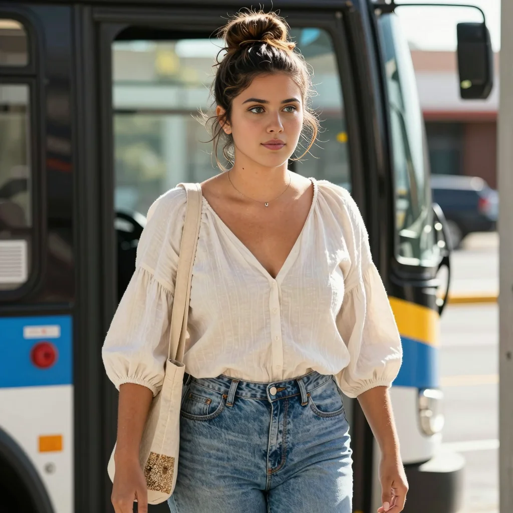 Elena steps onto the bus