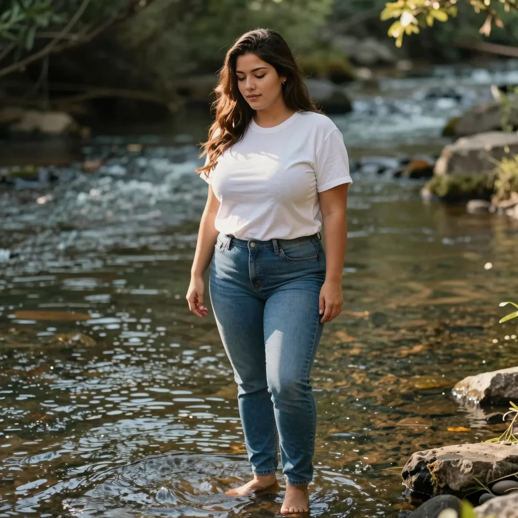 Ellie pausing by the stream and looking at the water