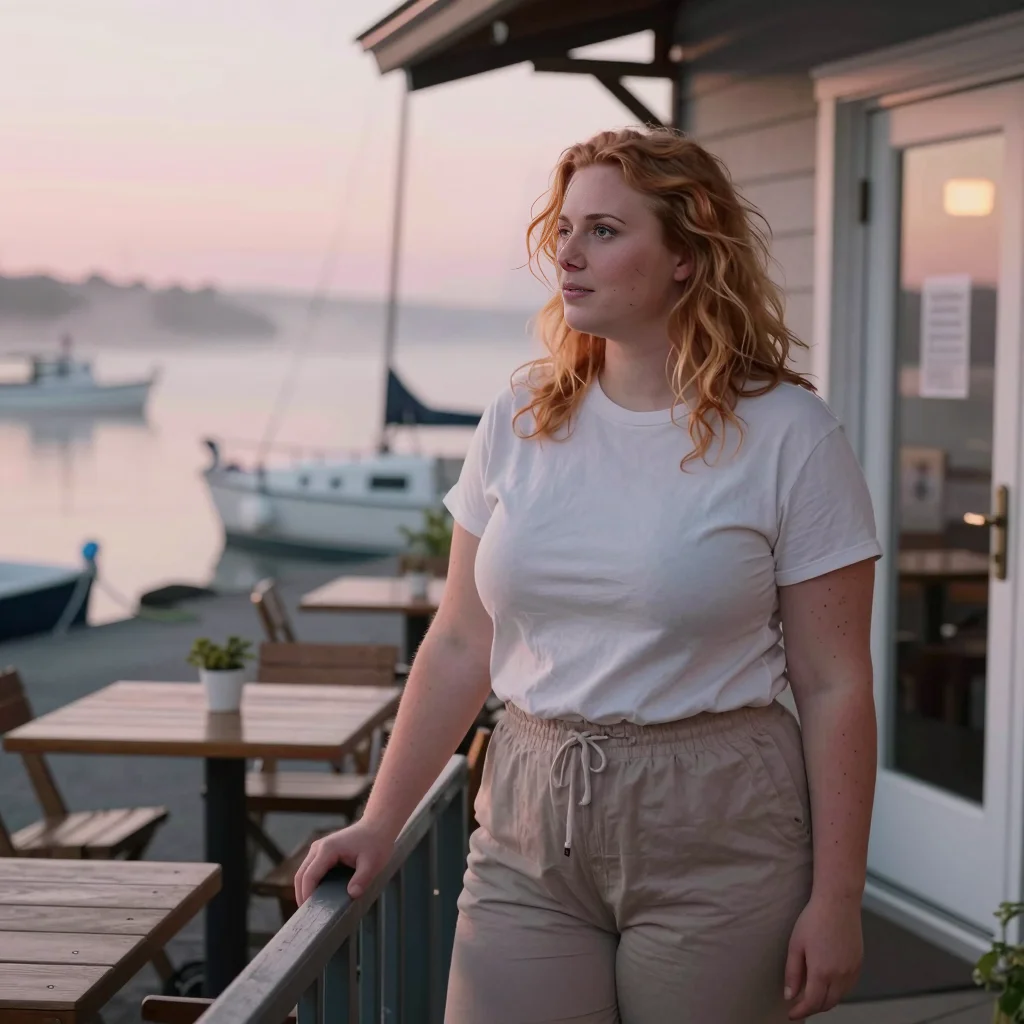 Emily standing outside a small waterfront cafe at dawn.