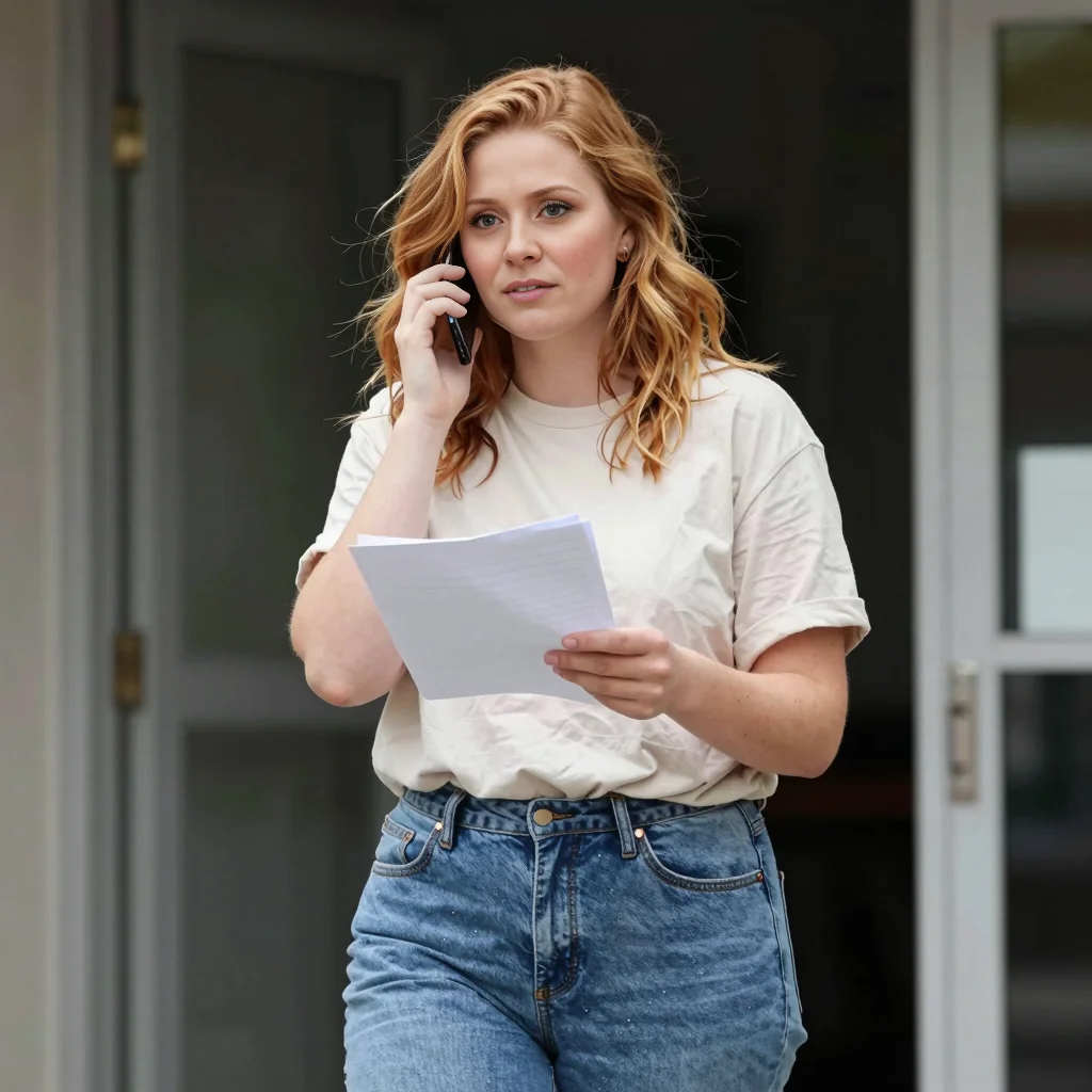 Emily taking a phone call while holding a crumpled paper near the shelter line.
