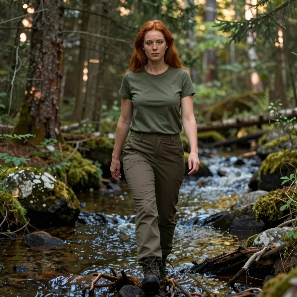 Emily follows a small stream downhill through the forest