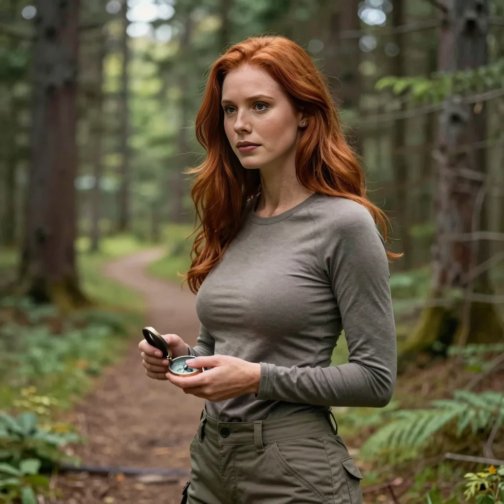 Emily using a compass in thick woods