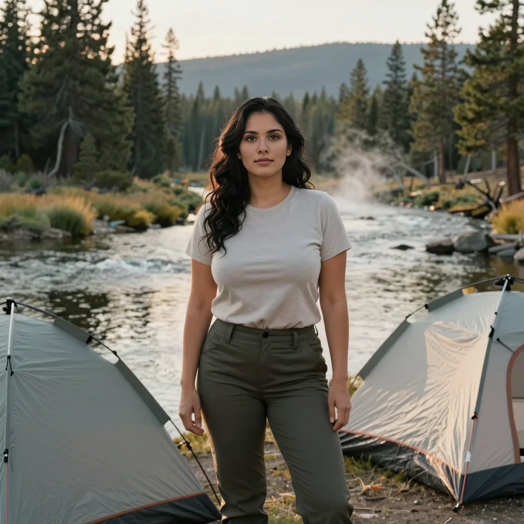 Family setting up a tent beside a river in Yellowstone