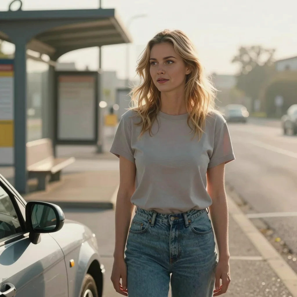 Isabella beside her car at an empty bus station