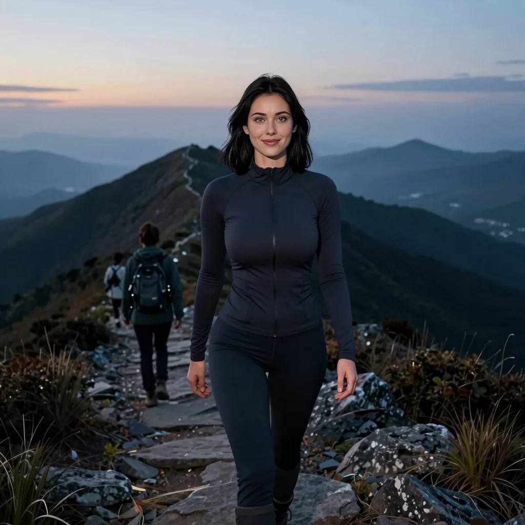 Mila and her parents begin a pre-dawn hike on a mountain trail