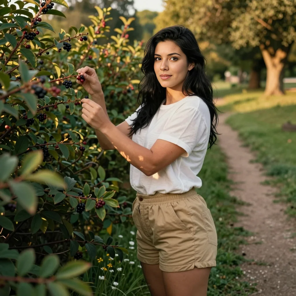 Olivia picks wild berries along a park trail after a hike