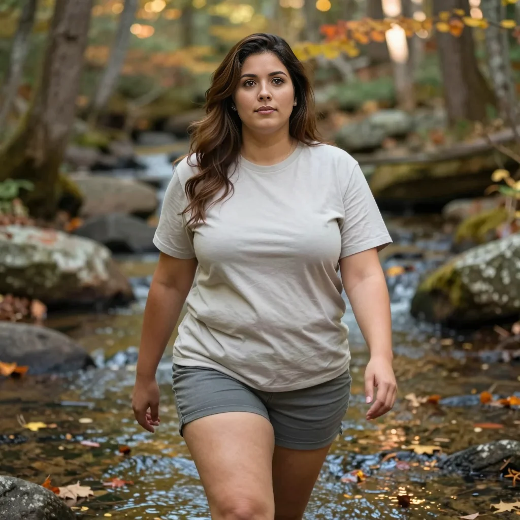 Savannah hiking beside a clear stream in early autumn