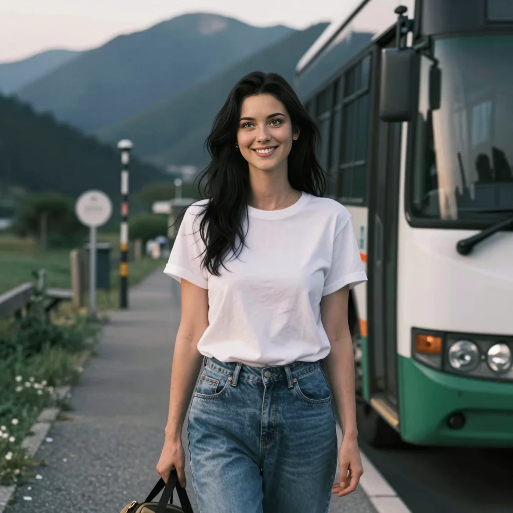 Early morning bus station near forested mountains