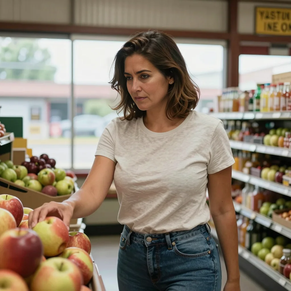 Yesenia selecting apples in a small grocery store near the train station