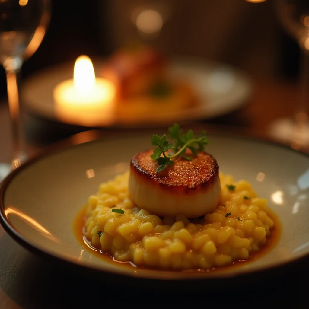 Seared scallop over saffron risotto