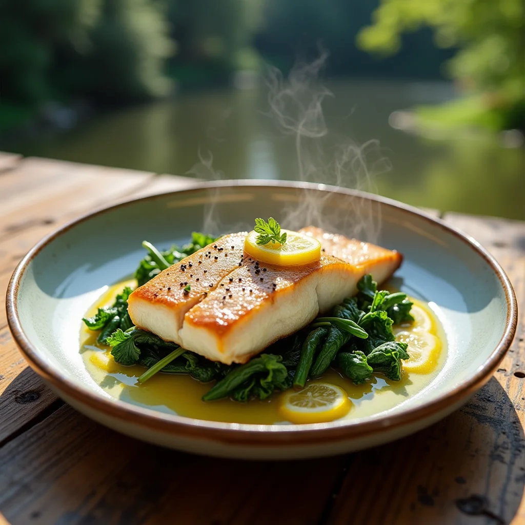 Cooked trout served over foraged greens with lemon juice