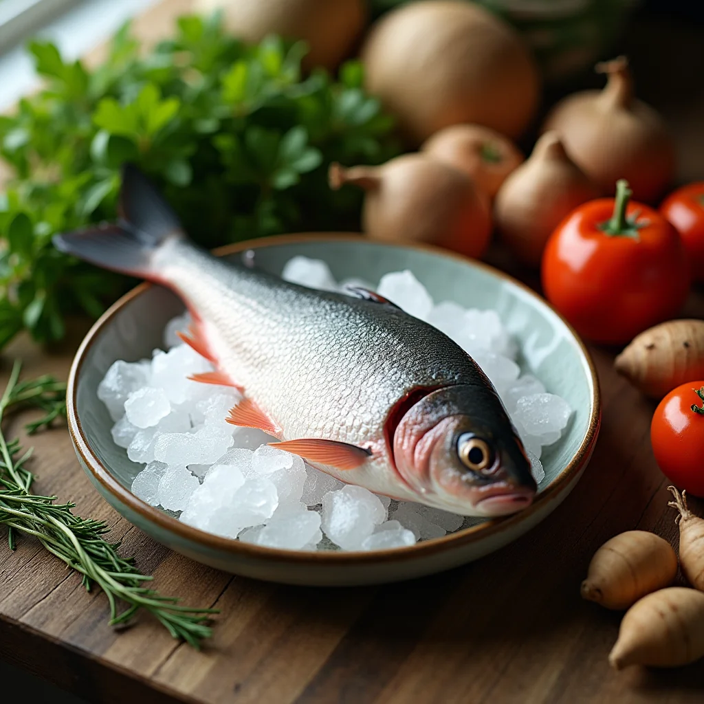 Fresh trout with herbs and root vegetables on a kitchen counter