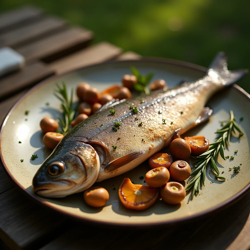 Grilled trout with wild herbs and mushrooms