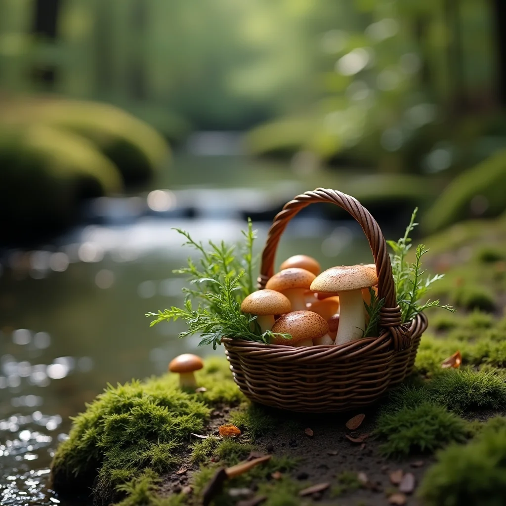 Basket of wild mushrooms and herbs beside a stream
